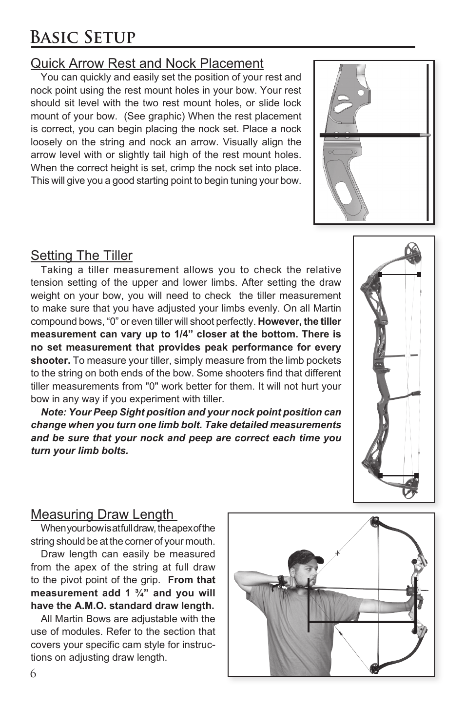 Basic setup, Quick arrow rest and nock placement, Setting the tiller | Measuring draw length | Martin Archery Martin Compound Bow User Manual | Page 6 / 20