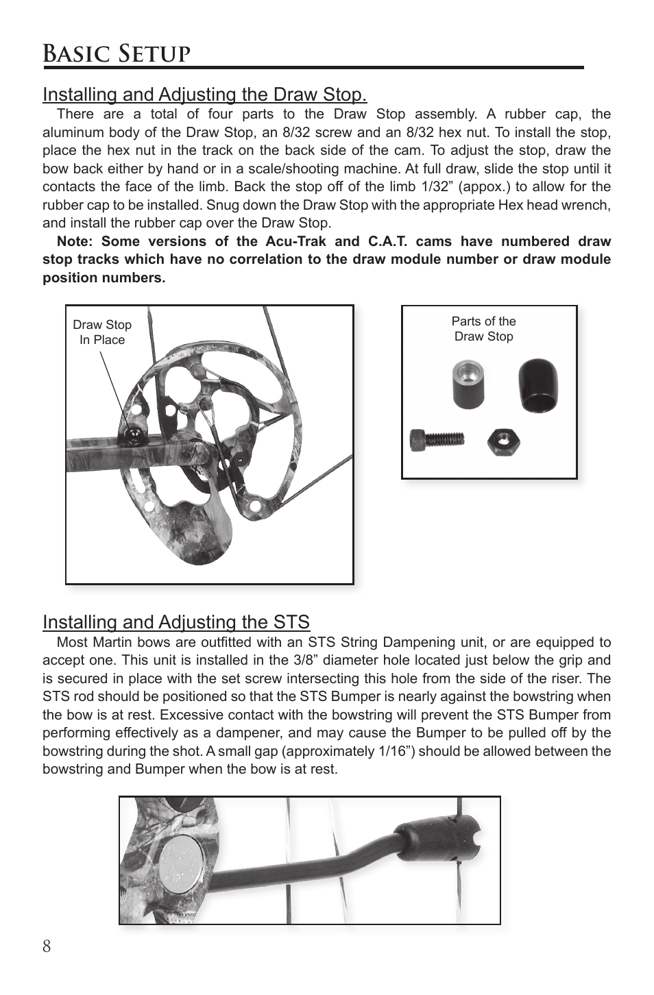 Basic setup, Installing and adjusting the draw stop, Installing and adjusting the sts | Martin Archery Martin Compound Bow User Manual | Page 8 / 20