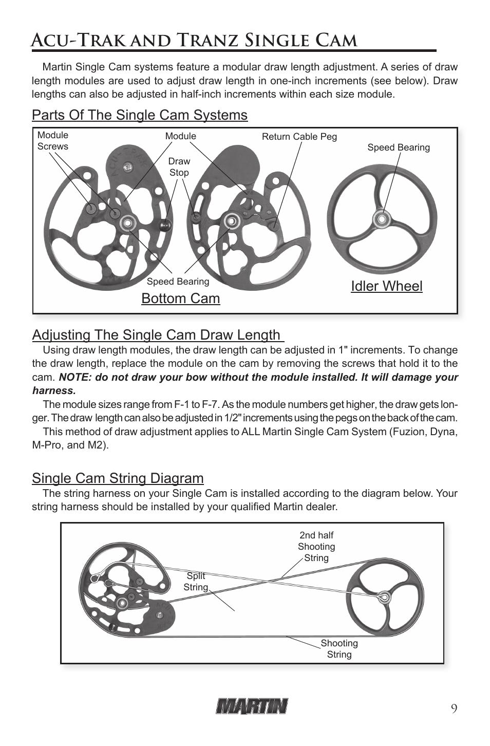 Acu-trak and tranz single cam, Parts of the single cam systems, Adjusting the single cam draw length | Bottom cam idler wheel single cam string diagram | Martin Archery Martin Compound Bow User Manual | Page 9 / 20