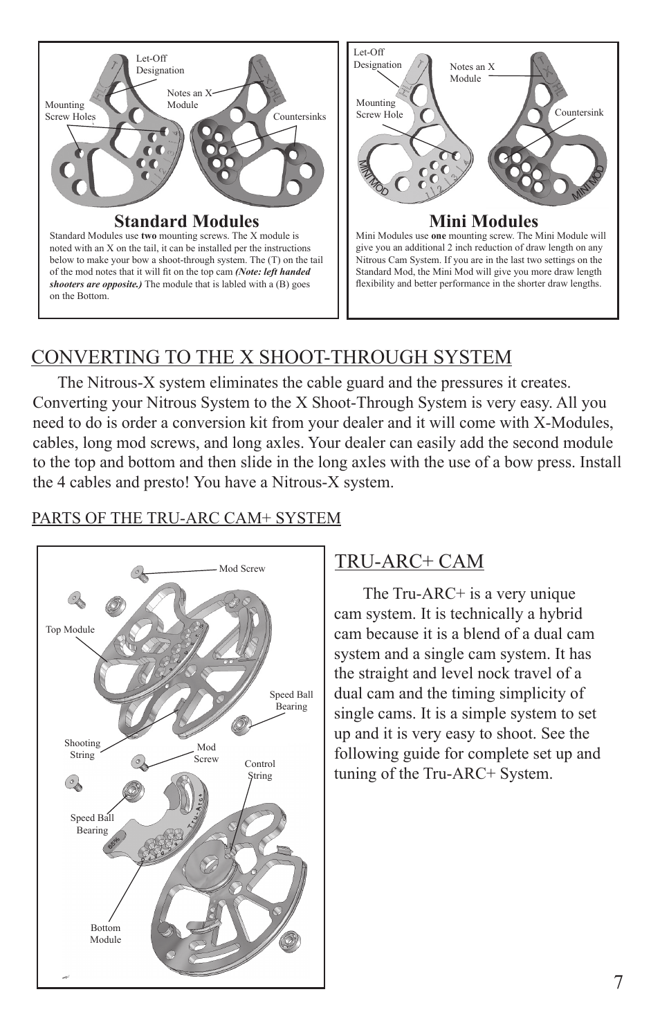 Converting to the x shoot-through system, Tru-arc+ cam, Standard modules | Mini modules, Parts of the tru-arc cam+ system | Martin Archery Martin Compound Bow User Manual | Page 11 / 24