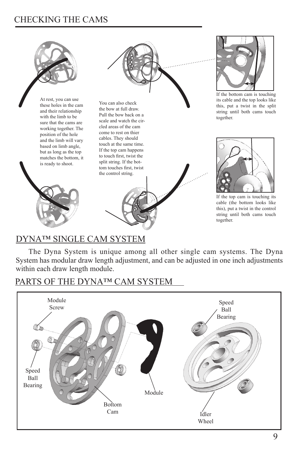 Dyna™ single cam system, Parts of the dyna™ cam system, 9checking the cams | Martin Archery Martin Compound Bow User Manual | Page 13 / 24