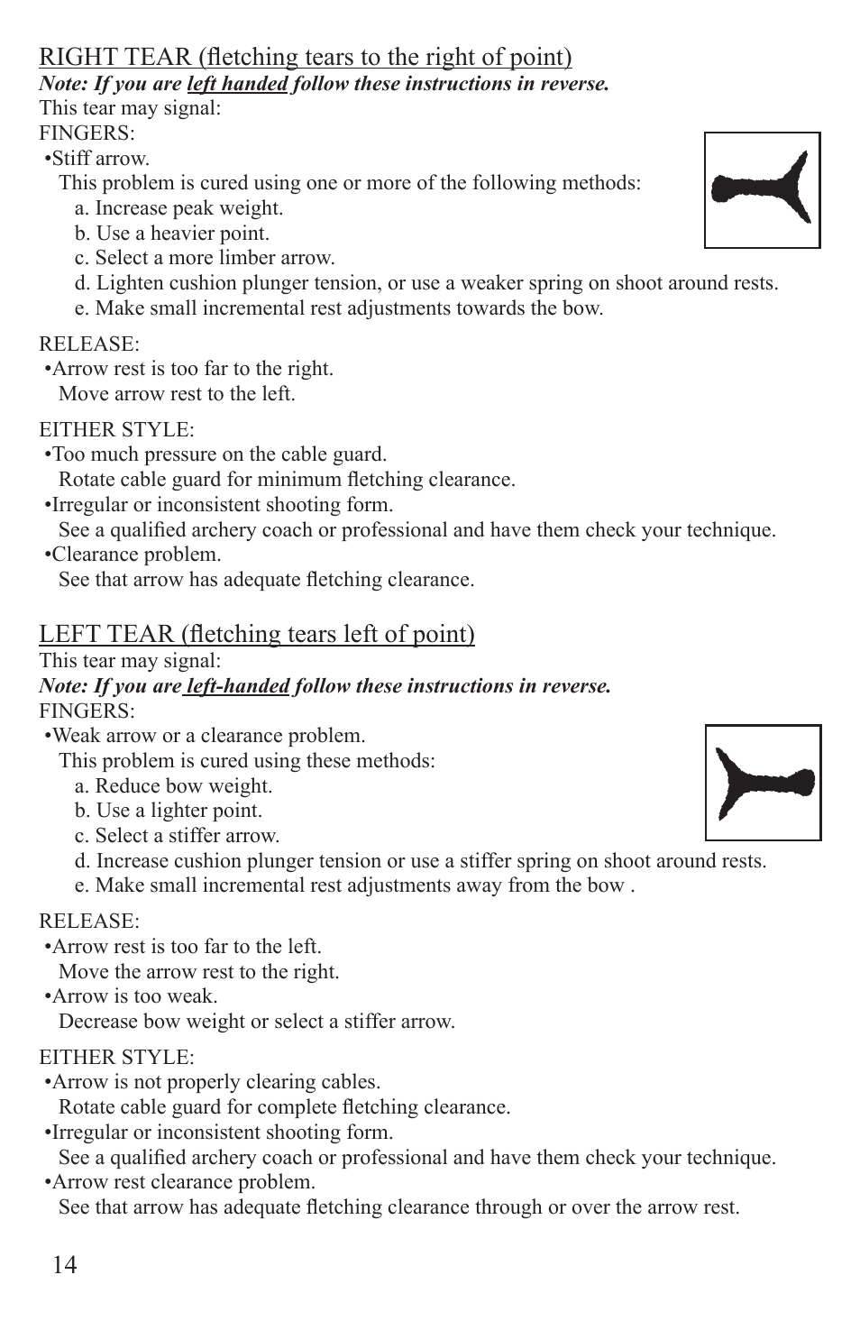 Right tear (fletching tears to the right of point), Left tear (fletching tears left of point) | Martin Archery Martin Compound Bow User Manual | Page 18 / 24