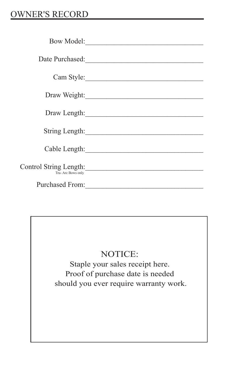 Owner's record, Notice | Martin Archery Martin Compound Bow User Manual | Page 4 / 24
