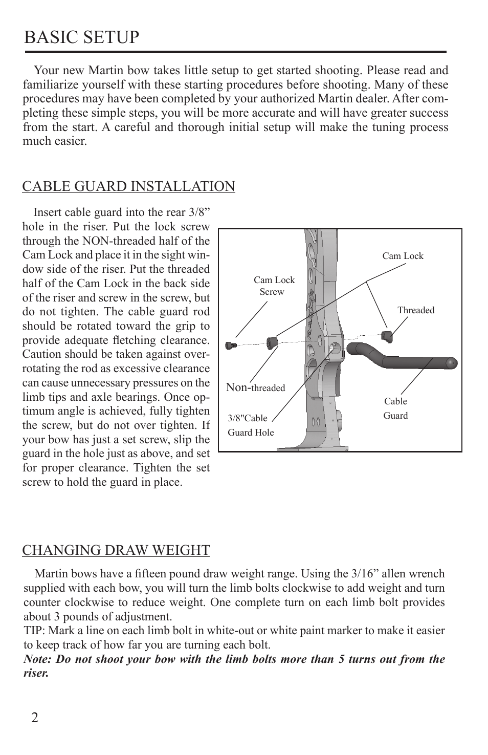 Basic setup, Cable guard installation, Changing draw weight 2 | Martin Archery Martin Compound Bow User Manual | Page 6 / 24