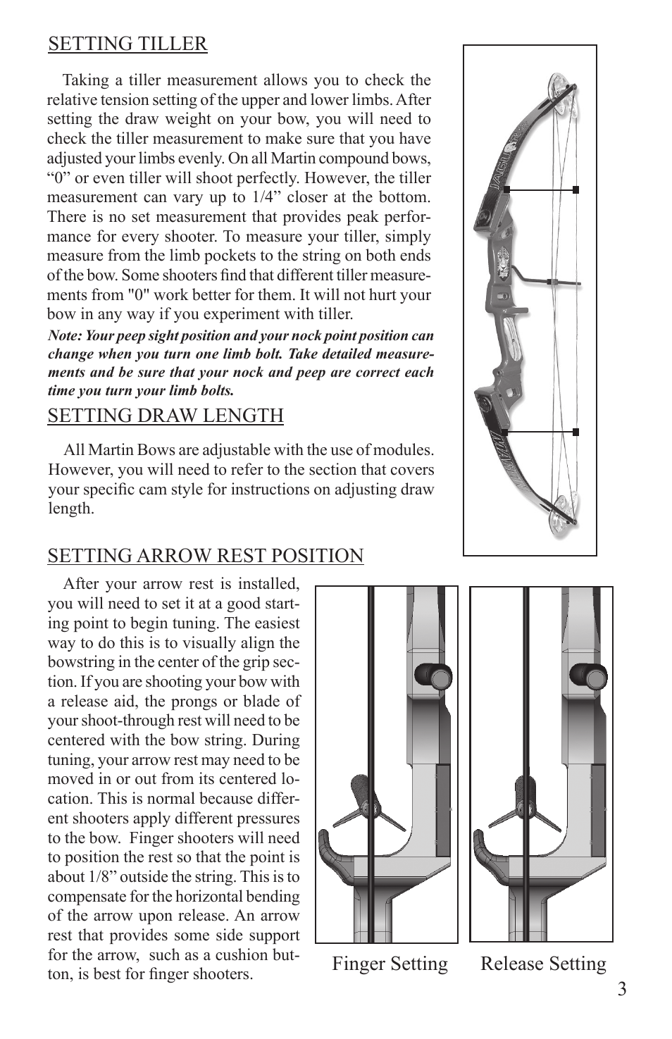 Setting tiller, Setting draw length setting arrow rest position, 3finger setting release setting | Martin Archery Martin Compound Bow User Manual | Page 7 / 24