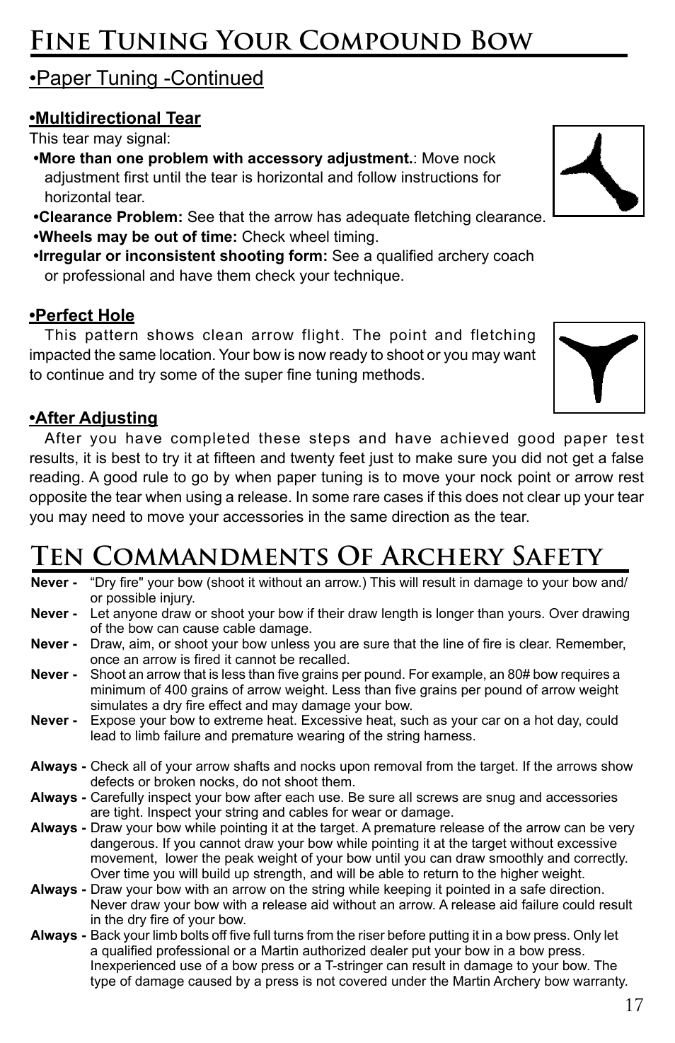 Fine tuning your compound bow, Ten commandments of archery safety, Paper tuning -continued | Multidirectional tear, Perfect hole, After adjusting | Martin Archery Martin Bow User Manual | Page 17 / 20