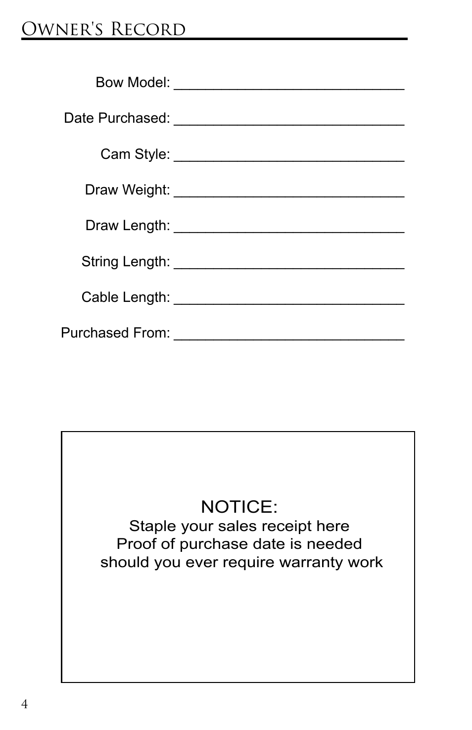 Owner's record, Notice | Martin Archery Martin Bow User Manual | Page 4 / 20