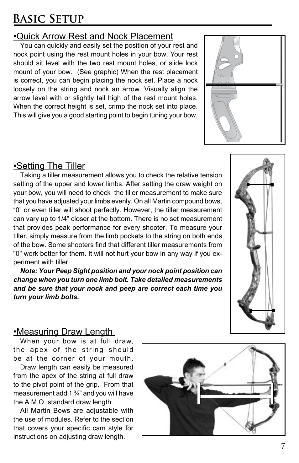 Basic setup, Quick arrow rest and nock placement, Setting the tiller | Measuring draw length | Martin Archery Martin Bow User Manual | Page 7 / 20