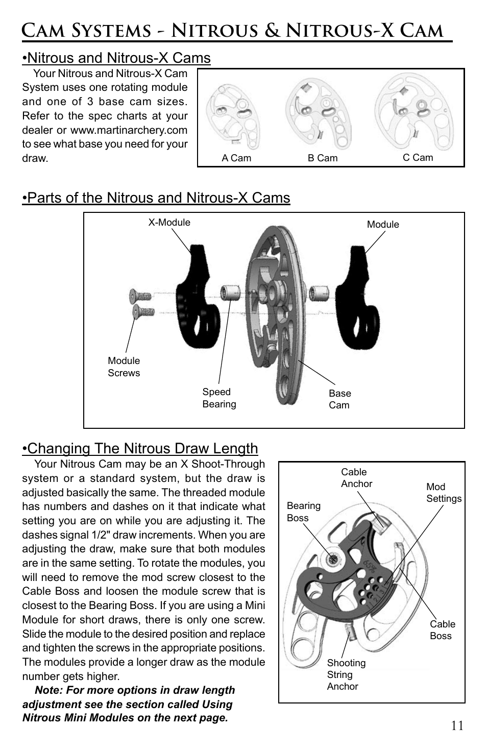 Cam systems - nitrous & nitrous-x cam, Nitrous and nitrous-x cams | Martin Archery Bow User Manual | Page 11 / 24