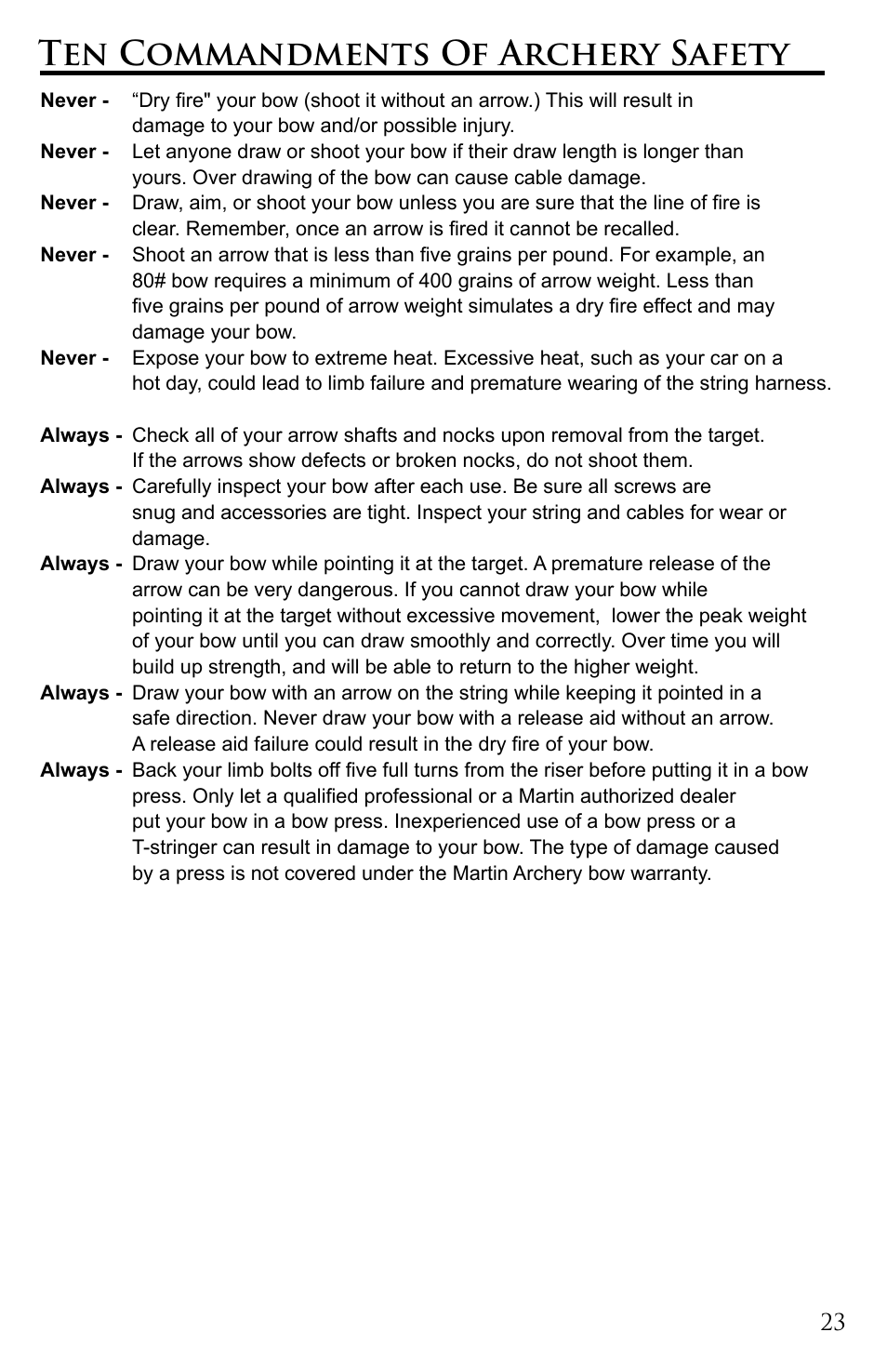 Ten commandments of archery safety | Martin Archery Bow User Manual | Page 23 / 24