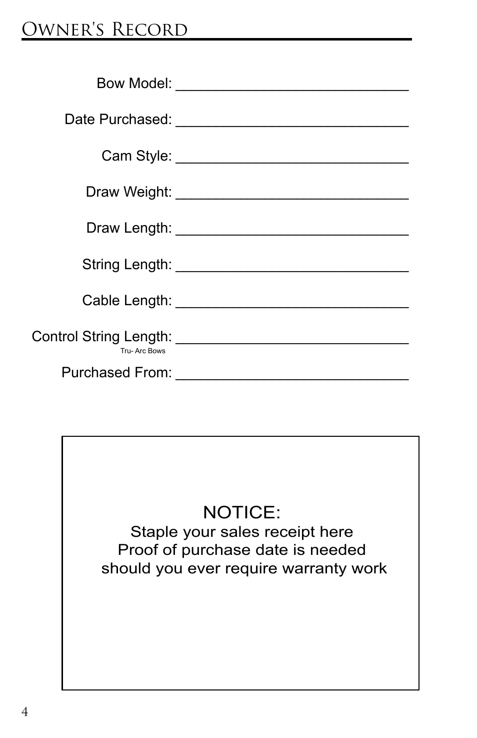 Owner's record, Notice | Martin Archery Bow User Manual | Page 4 / 24