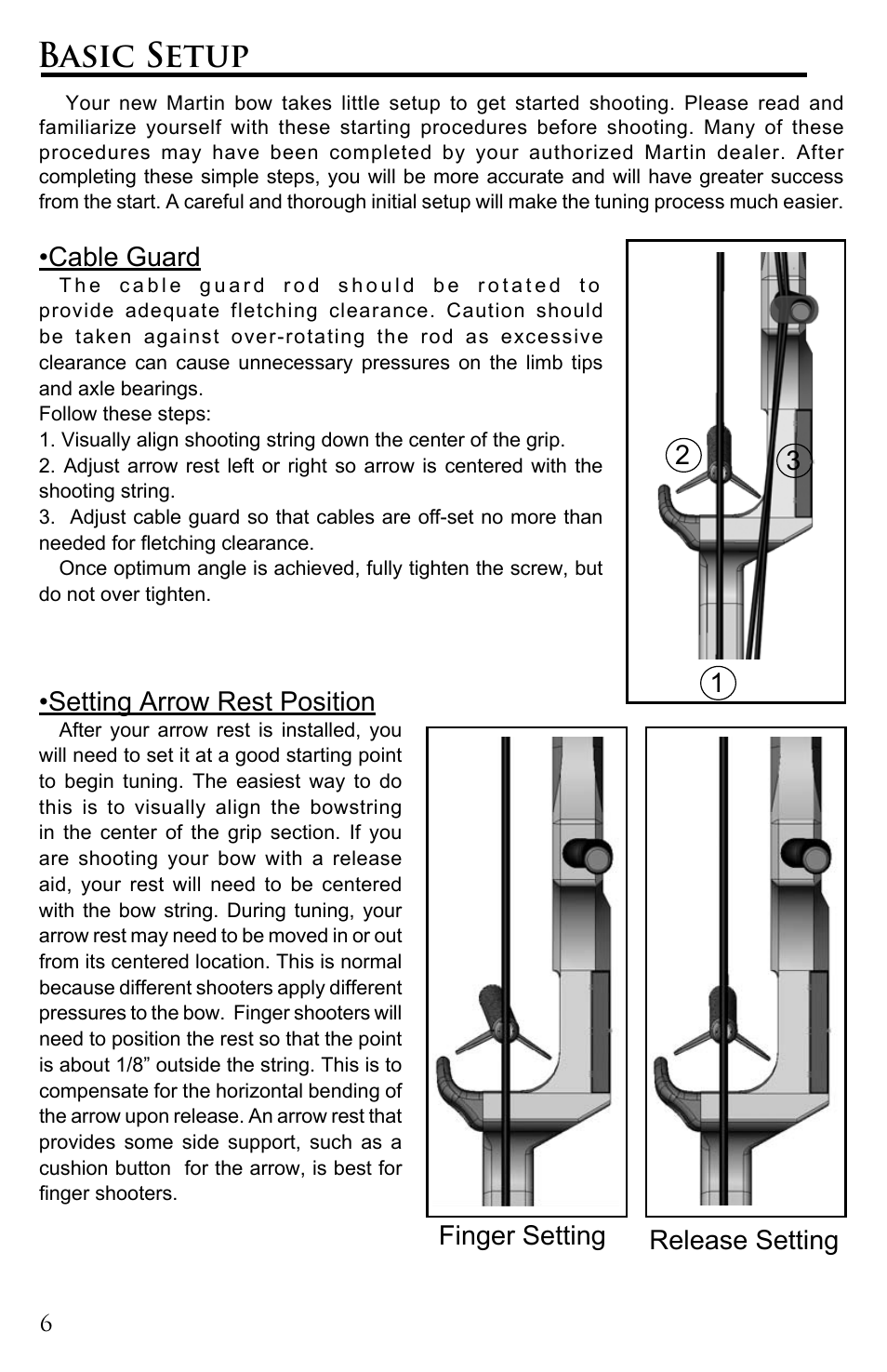 Basic setup, Cable guard, Setting arrow rest position | 21 3 finger setting release setting | Martin Archery Bow User Manual | Page 6 / 24
