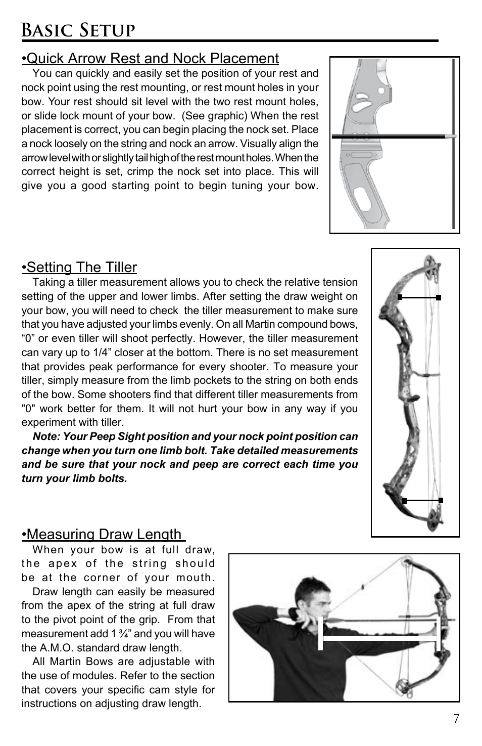 Basic setup, Quick arrow rest and nock placement, Setting the tiller | Measuring draw length | Martin Archery Bow User Manual | Page 7 / 24