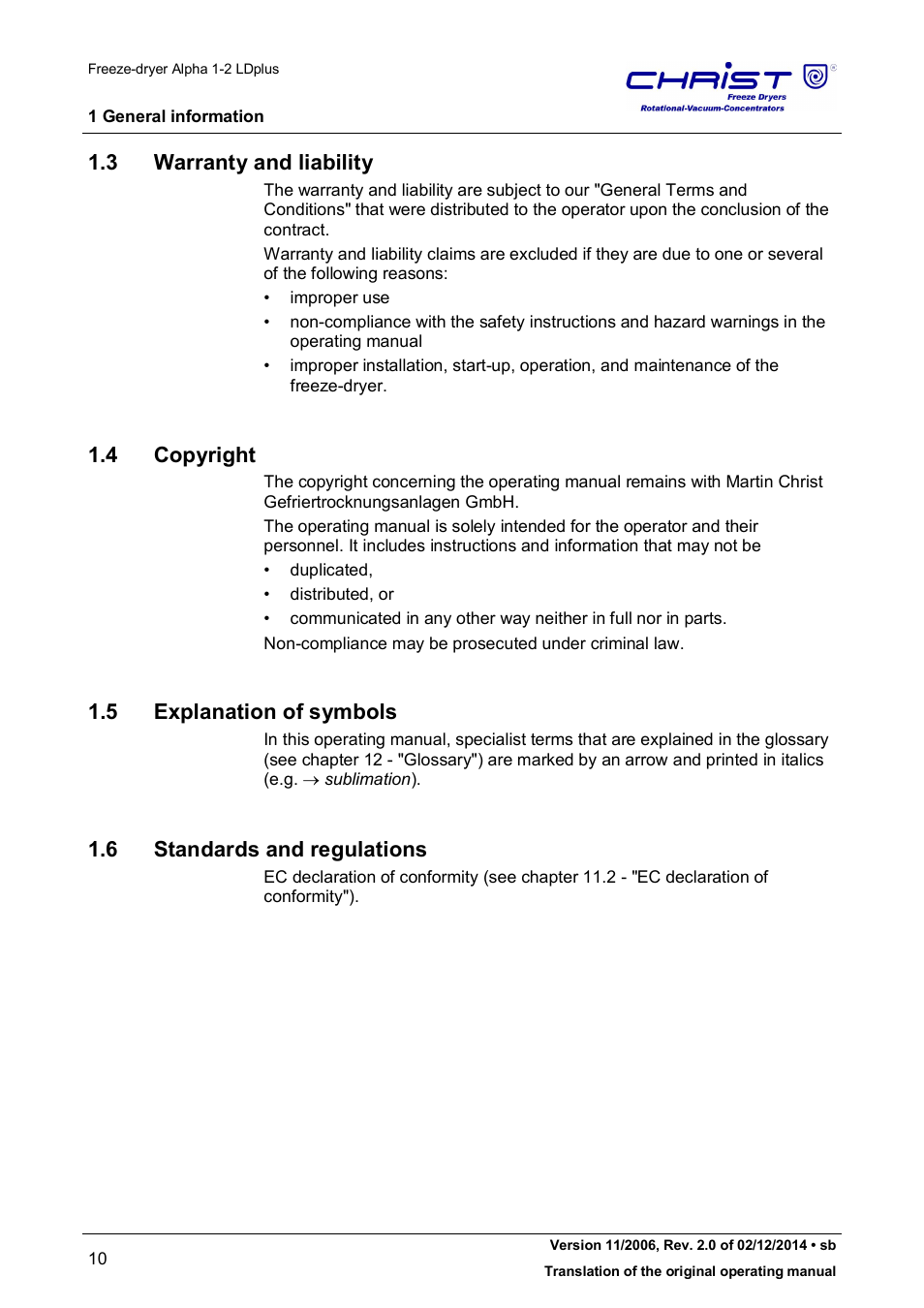 3 warranty and liability, 4 copyright, 5 explanation of symbols | 6 standards and regulations | Martin Christ Alpha 1-2 LDplus User Manual | Page 10 / 96