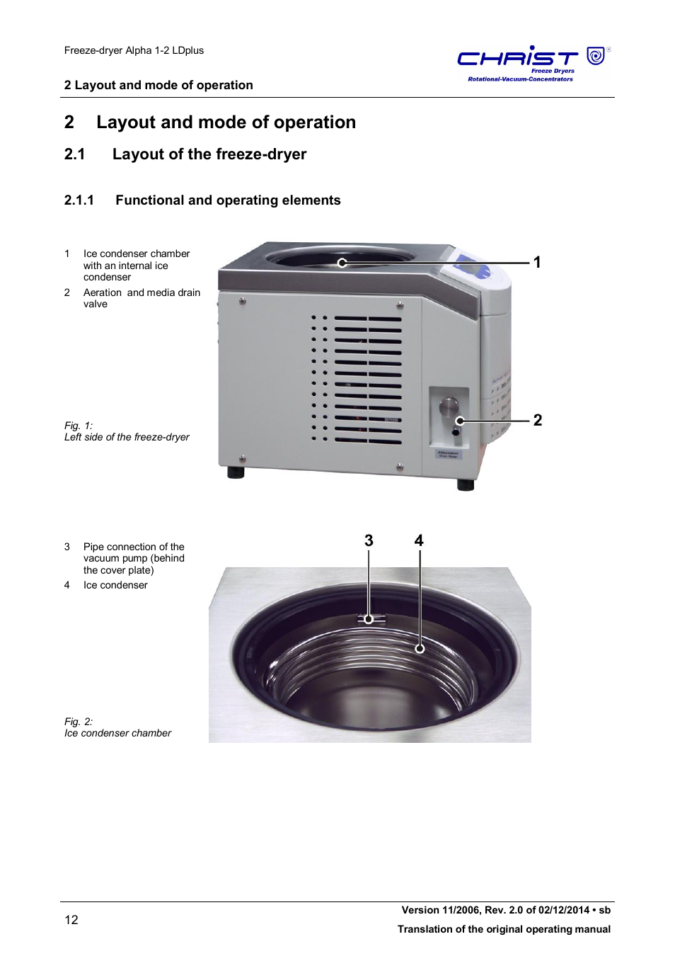 2 layout and mode of operation, 1 layout of the freeze-dryer, 1 functional and operating elements | Martin Christ Alpha 1-2 LDplus User Manual | Page 12 / 96