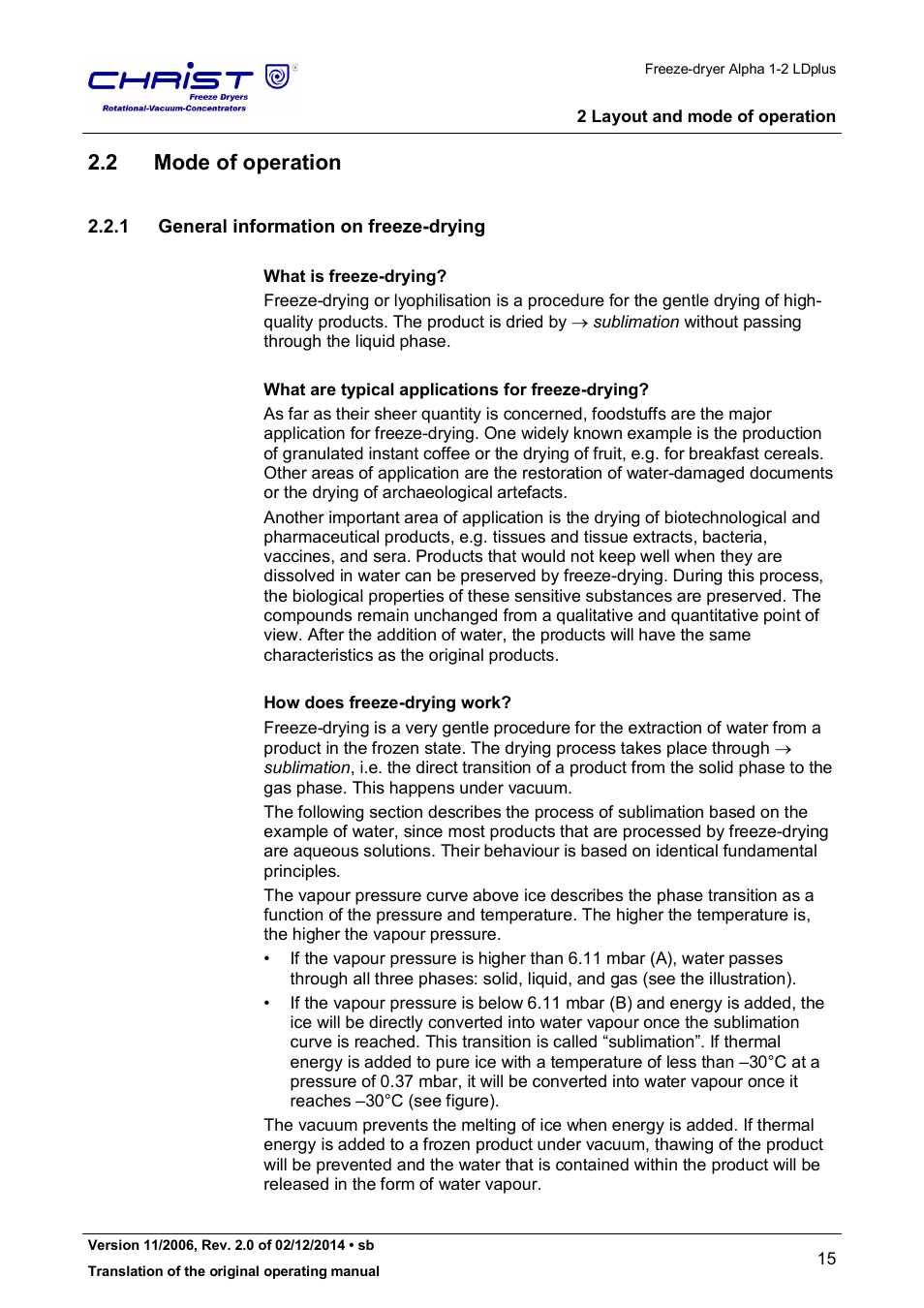 2 mode of operation, 1 general information on freeze-drying | Martin Christ Alpha 1-2 LDplus User Manual | Page 15 / 96