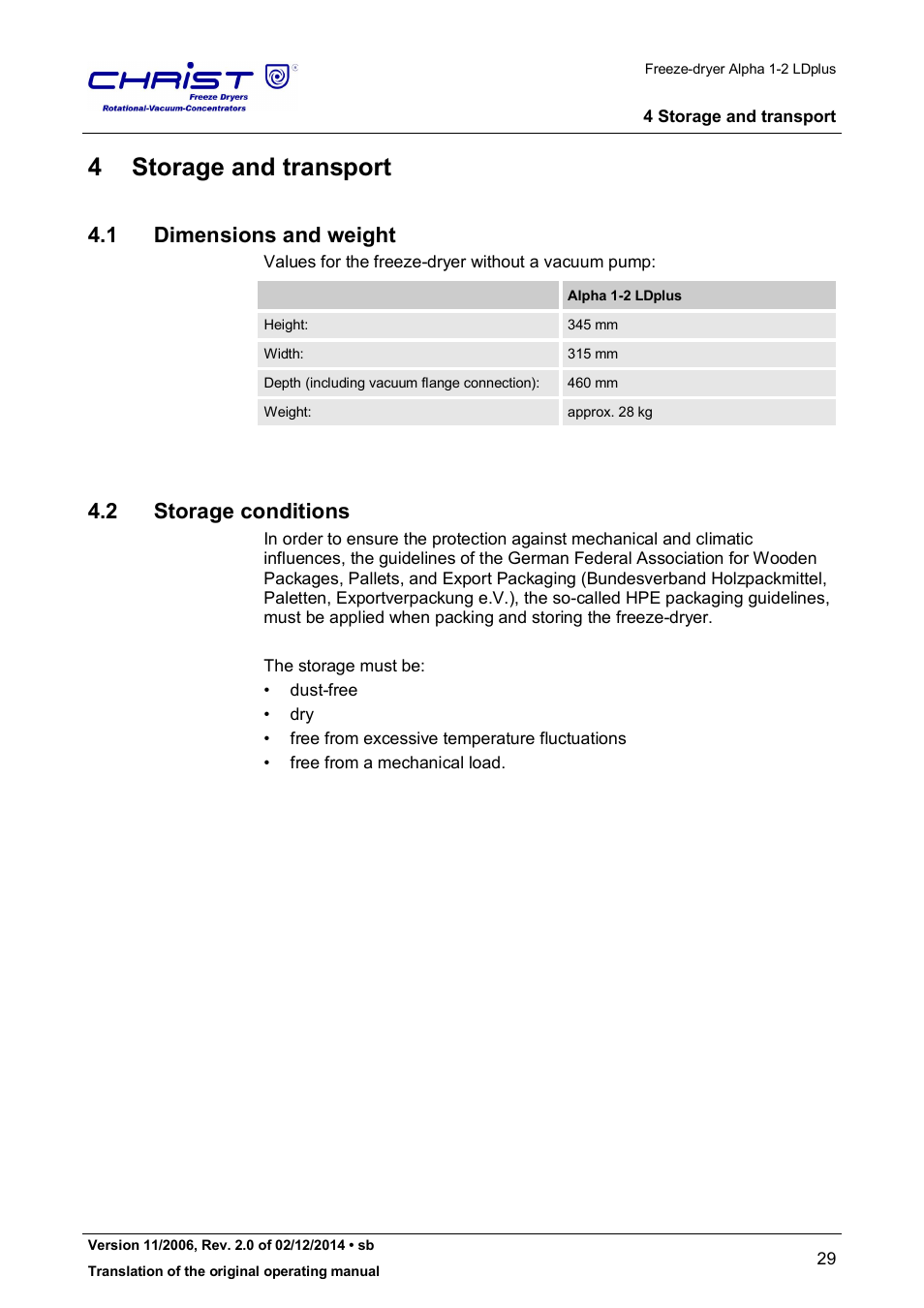 4 storage and transport, 1 dimensions and weight, 2 storage conditions | Martin Christ Alpha 1-2 LDplus User Manual | Page 29 / 96