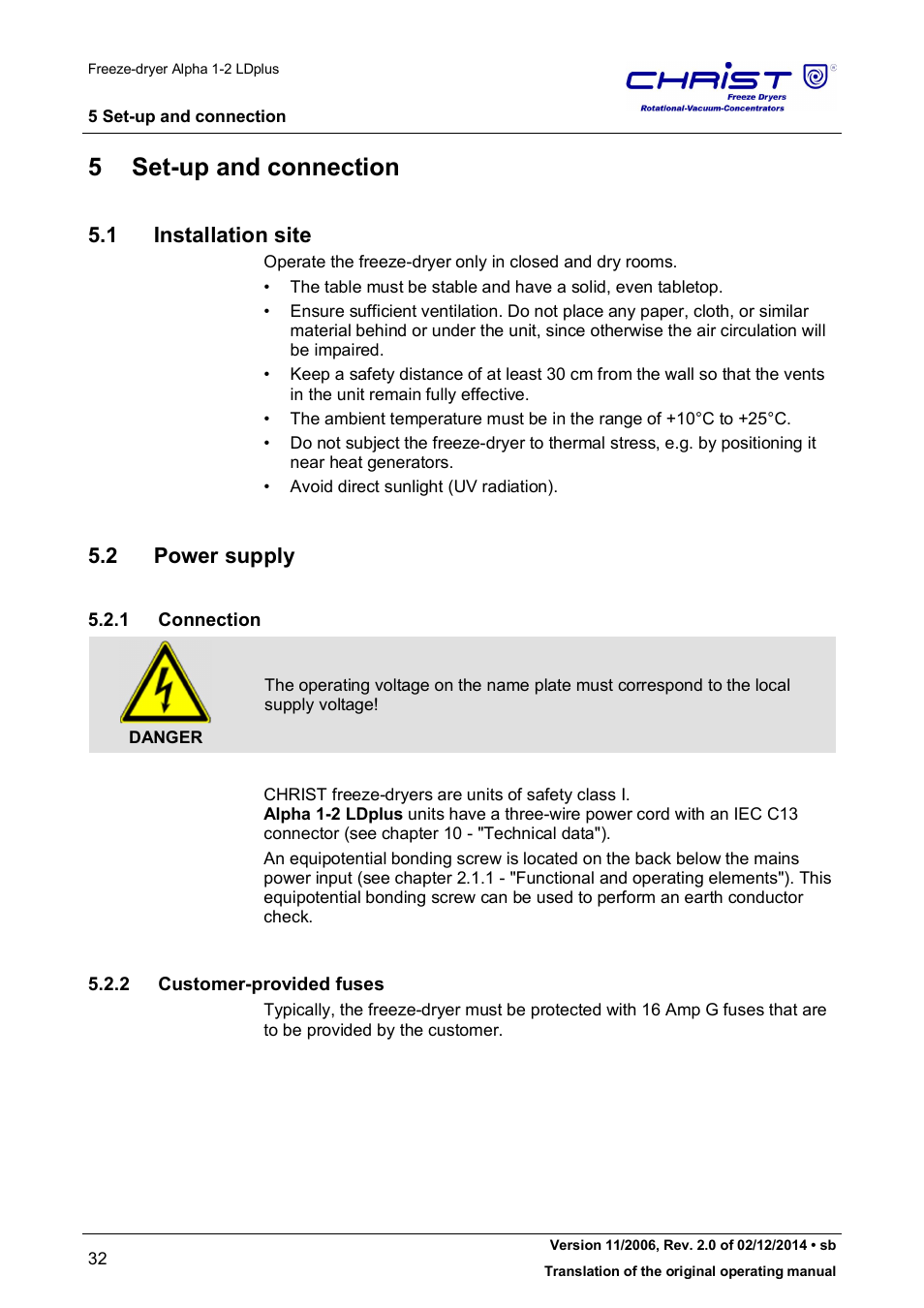 5 set-up and connection, 1 installation site, 2 power supply | Martin Christ Alpha 1-2 LDplus User Manual | Page 32 / 96