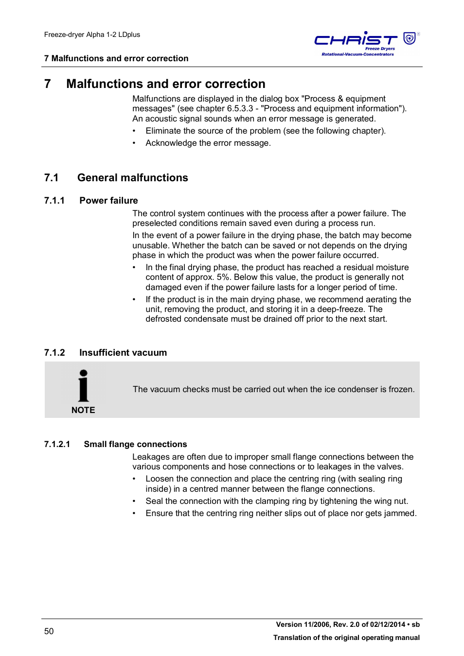 7 malfunctions and error correction, 1 general malfunctions, 1 power failure | 2 insufficient vacuum | Martin Christ Alpha 1-2 LDplus User Manual | Page 50 / 96