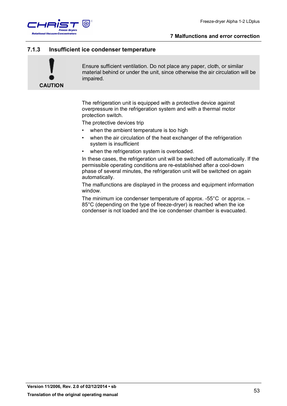 3 insufficient ice condenser temperature | Martin Christ Alpha 1-2 LDplus User Manual | Page 53 / 96