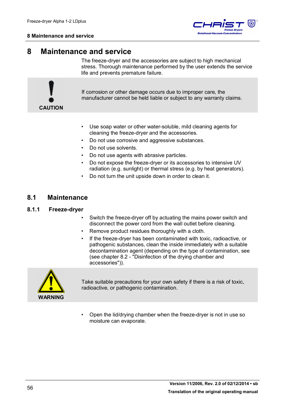 8 maintenance and service, 1 maintenance | Martin Christ Alpha 1-2 LDplus User Manual | Page 56 / 96