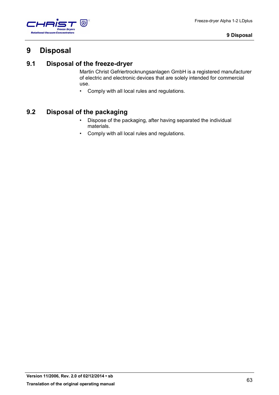 9 disposal, 1 disposal of the freeze-dryer, 2 disposal of the packaging | Martin Christ Alpha 1-2 LDplus User Manual | Page 63 / 96