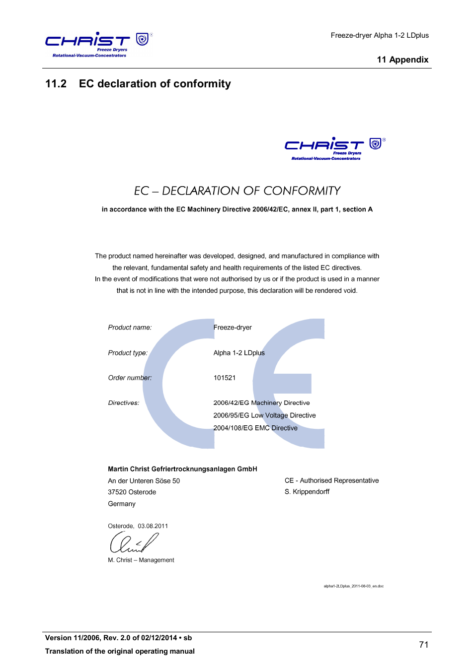 2 ec declaration of conformity | Martin Christ Alpha 1-2 LDplus User Manual | Page 71 / 96