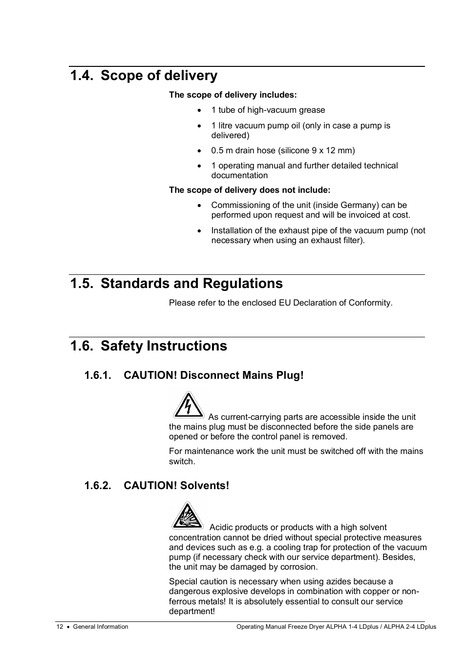 Scope of delivery, Standards and regulations, Safety instructions | Caution! disconnect mains plug, Caution! solvents | Martin Christ Alpha 2-4 LDplus User Manual | Page 12 / 85