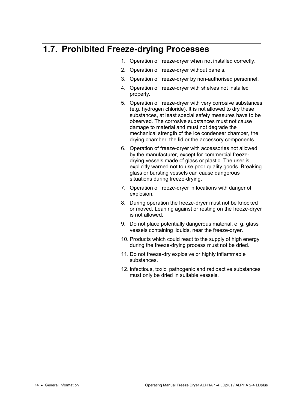 Prohibited freeze-drying processes | Martin Christ Alpha 2-4 LDplus User Manual | Page 14 / 85