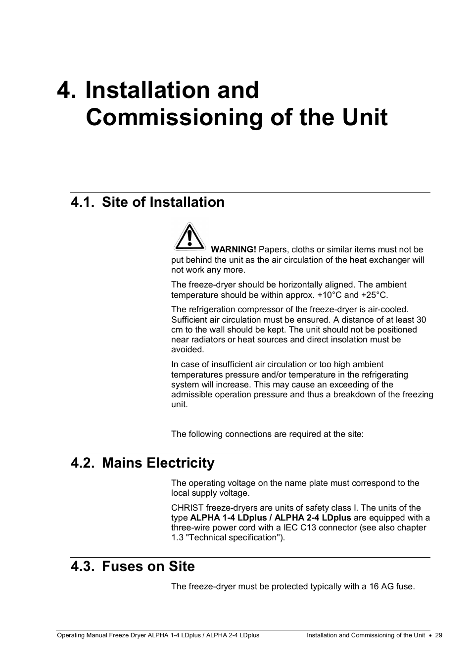 Installation and commissioning of the unit, Site of installation, Mains electricity | Fuses on site | Martin Christ Alpha 2-4 LDplus User Manual | Page 29 / 85