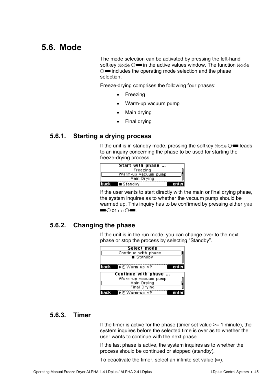Mode, Starting a drying process, Changing the phase | Timer | Martin Christ Alpha 2-4 LDplus User Manual | Page 45 / 85