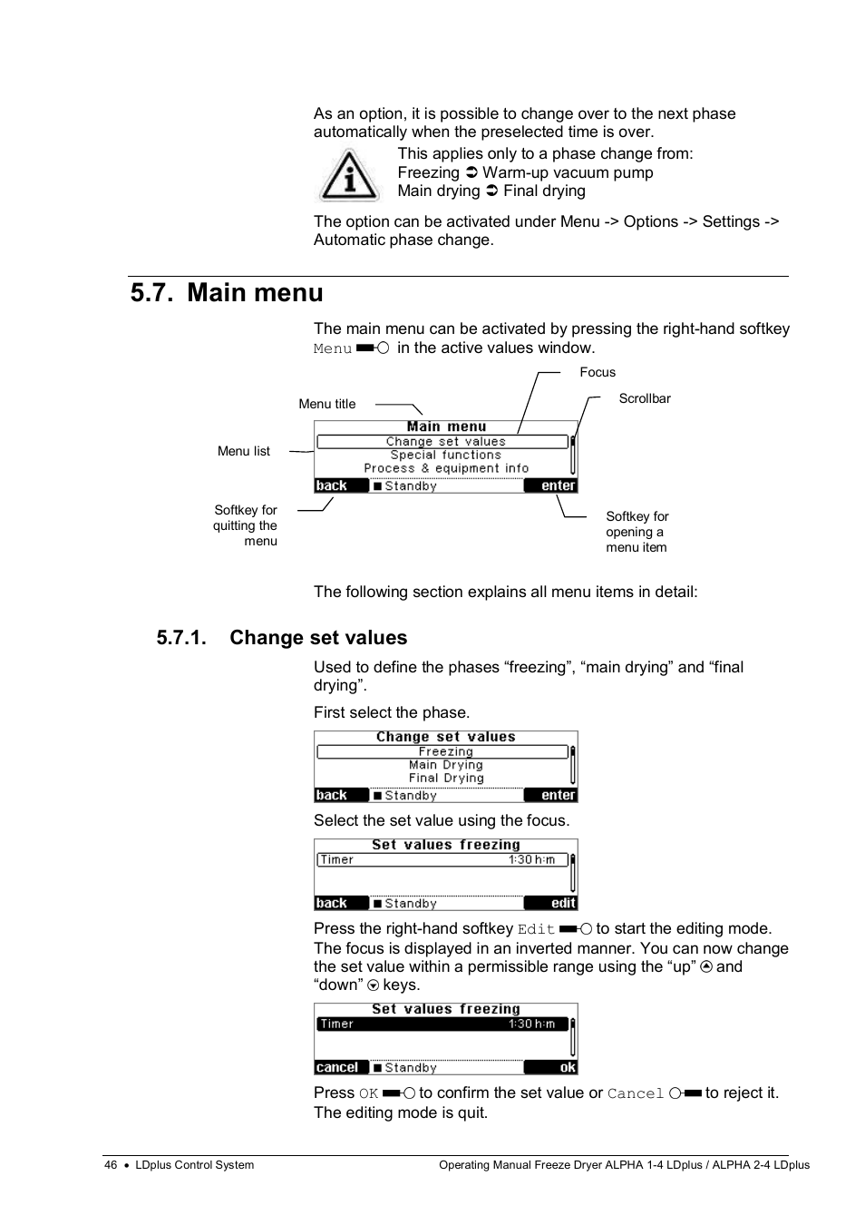 Main menu, Change set values | Martin Christ Alpha 2-4 LDplus User Manual | Page 46 / 85