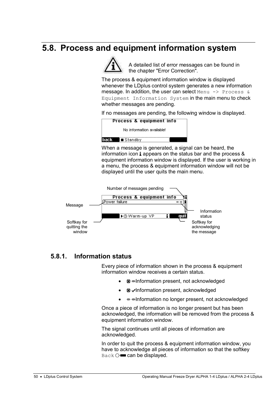 Process and equipment information system, Information status | Martin Christ Alpha 2-4 LDplus User Manual | Page 50 / 85