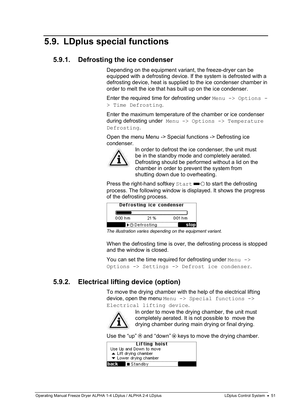 Ldplus special functions, Defrosting the ice condenser, Electrical lifting device (option) | Martin Christ Alpha 2-4 LDplus User Manual | Page 51 / 85
