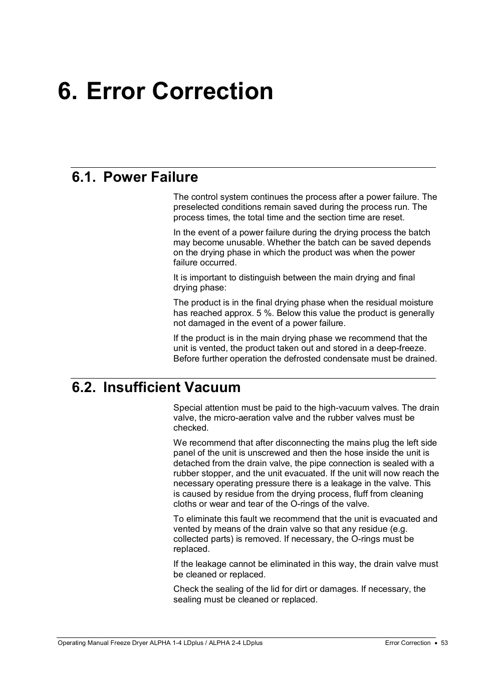 Error correction, Power failure, Insufficient vacuum | Martin Christ Alpha 2-4 LDplus User Manual | Page 53 / 85