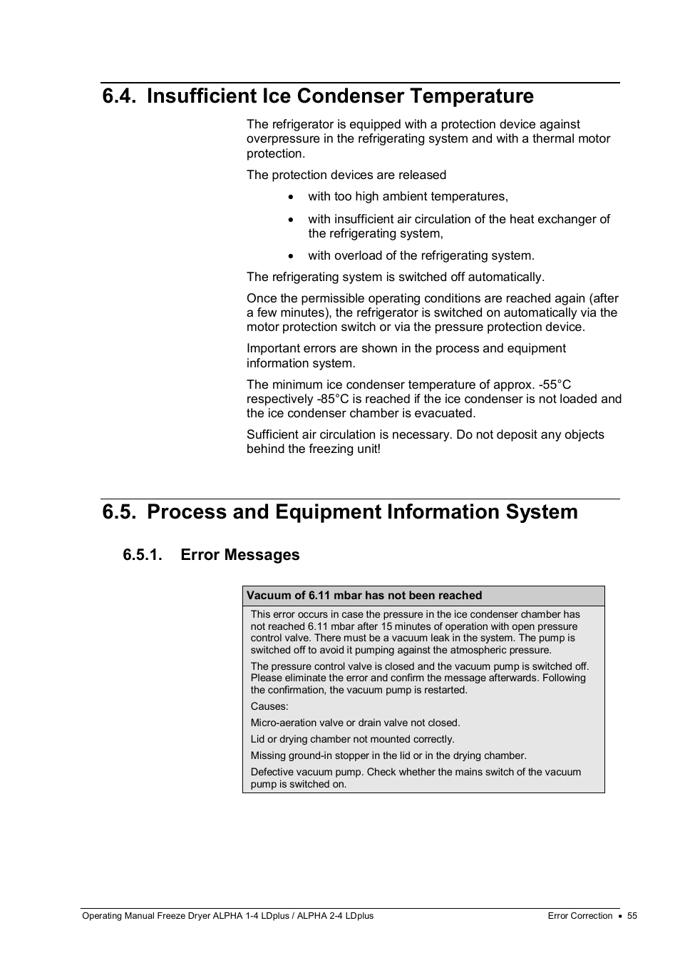 Insufficient ice condenser temperature, Process and equipment information system, Error messages | Martin Christ Alpha 2-4 LDplus User Manual | Page 55 / 85