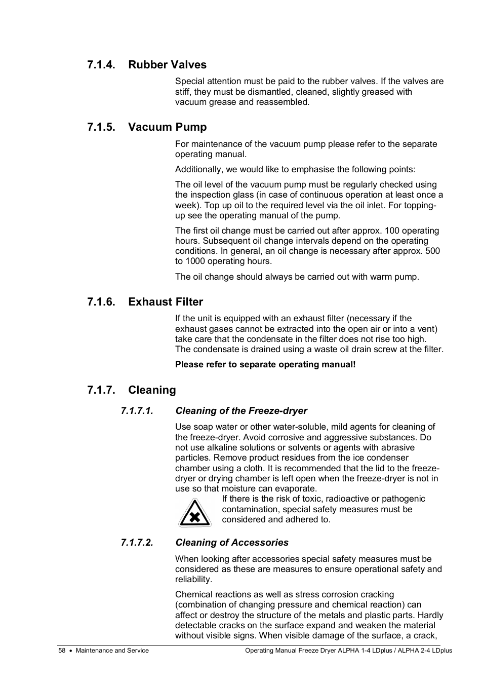 Rubber valves, Vacuum pump, Exhaust filter | Cleaning | Martin Christ Alpha 2-4 LDplus User Manual | Page 58 / 85