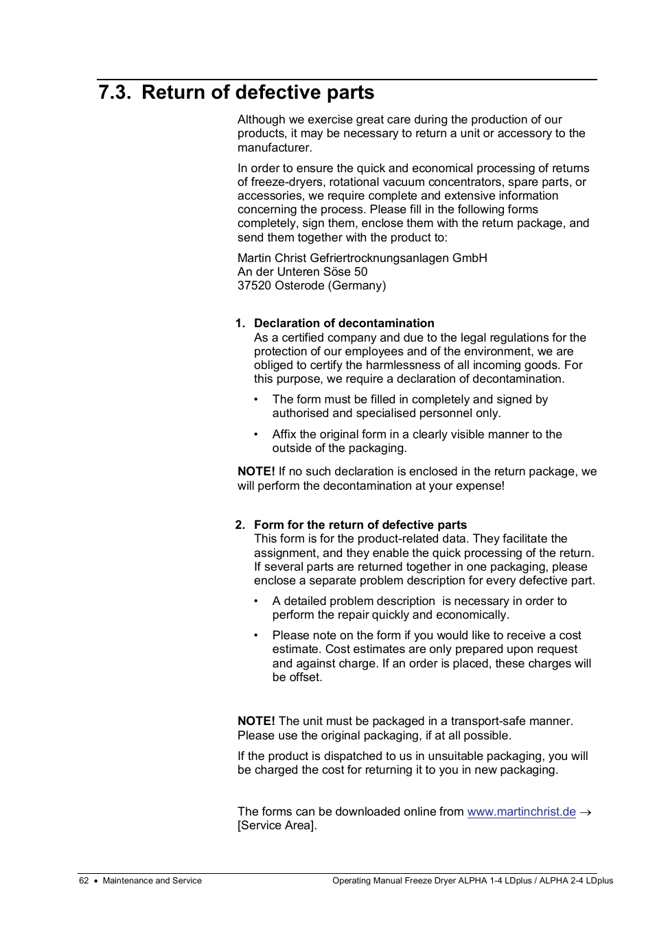 Return of defective parts | Martin Christ Alpha 2-4 LDplus User Manual | Page 62 / 85