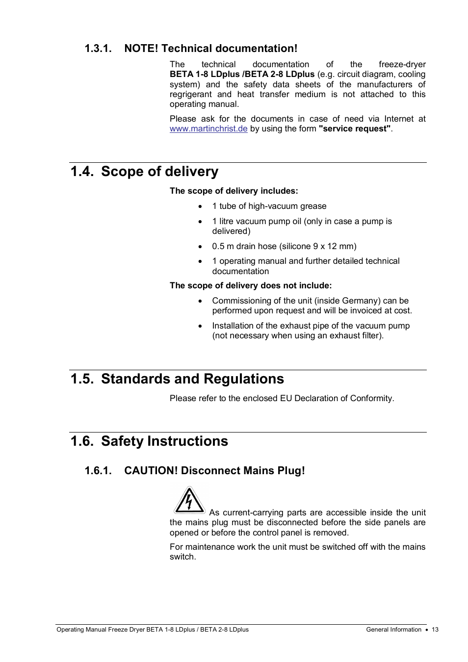 Scope of delivery, Standards and regulations, Safety instructions | Caution! disconnect mains plug | Martin Christ Beta 2-8 LDplus User Manual | Page 13 / 89