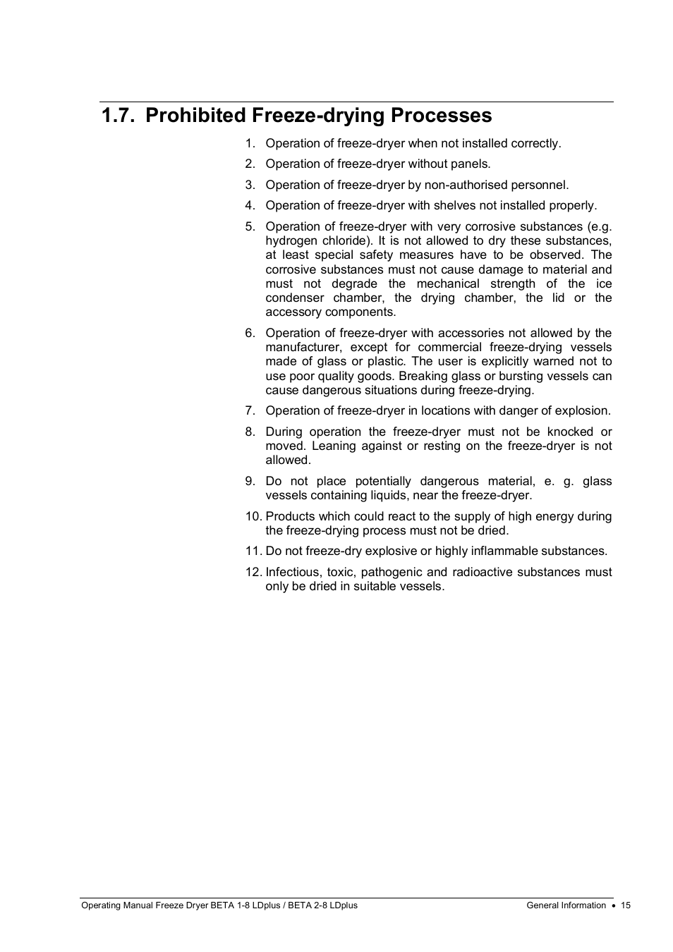 Prohibited freeze-drying processes | Martin Christ Beta 2-8 LDplus User Manual | Page 15 / 89