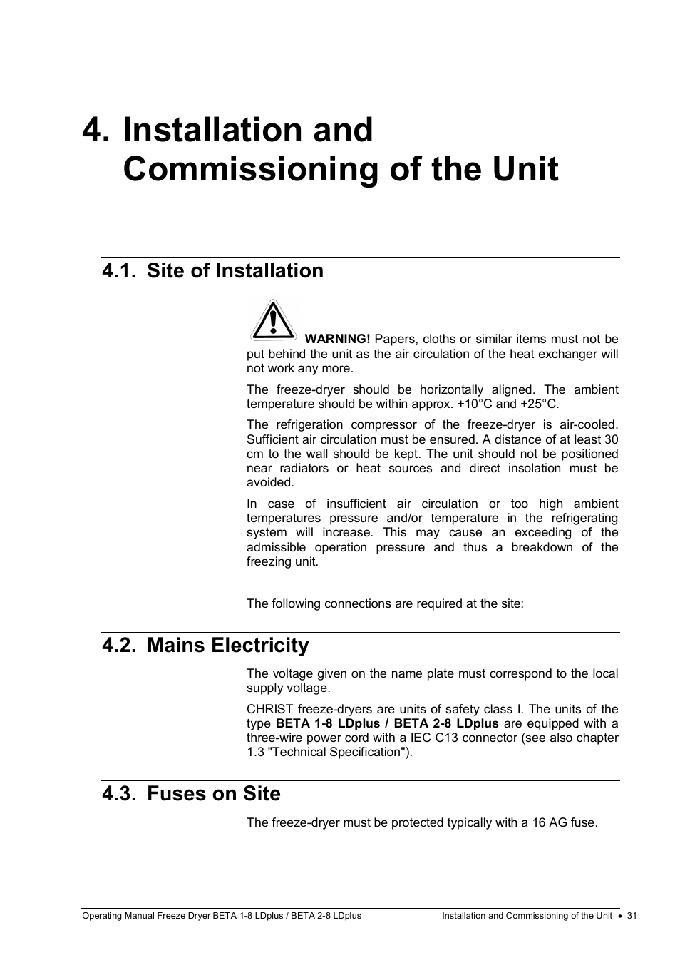Installation and commissioning of the unit, Site of installation, Mains electricity | Fuses on site | Martin Christ Beta 2-8 LDplus User Manual | Page 31 / 89