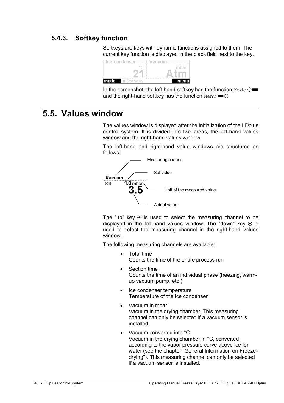 Values window, Softkey function | Martin Christ Beta 2-8 LDplus User Manual | Page 46 / 89