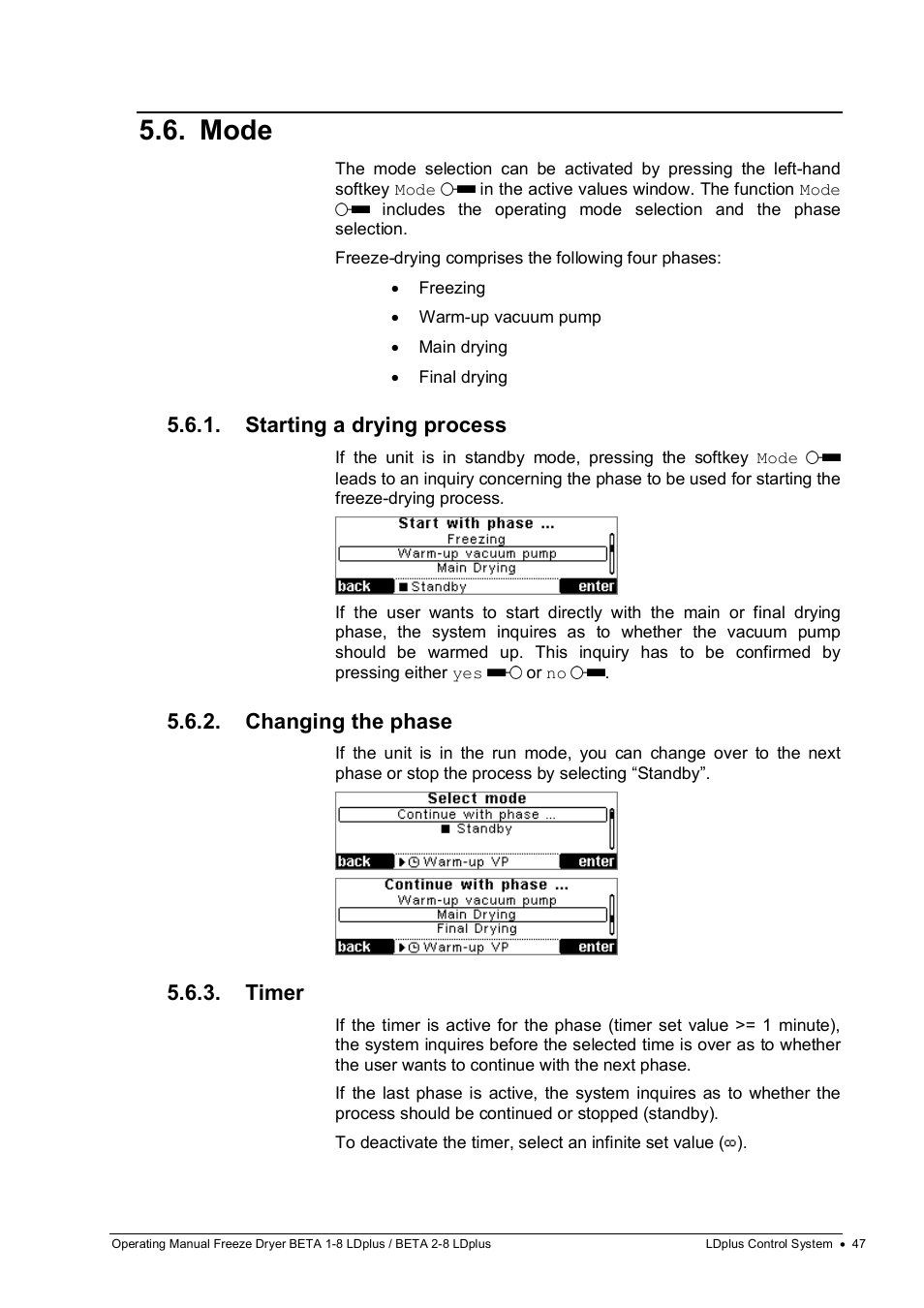 Mode, Starting a drying process, Changing the phase | Timer | Martin Christ Beta 2-8 LDplus User Manual | Page 47 / 89