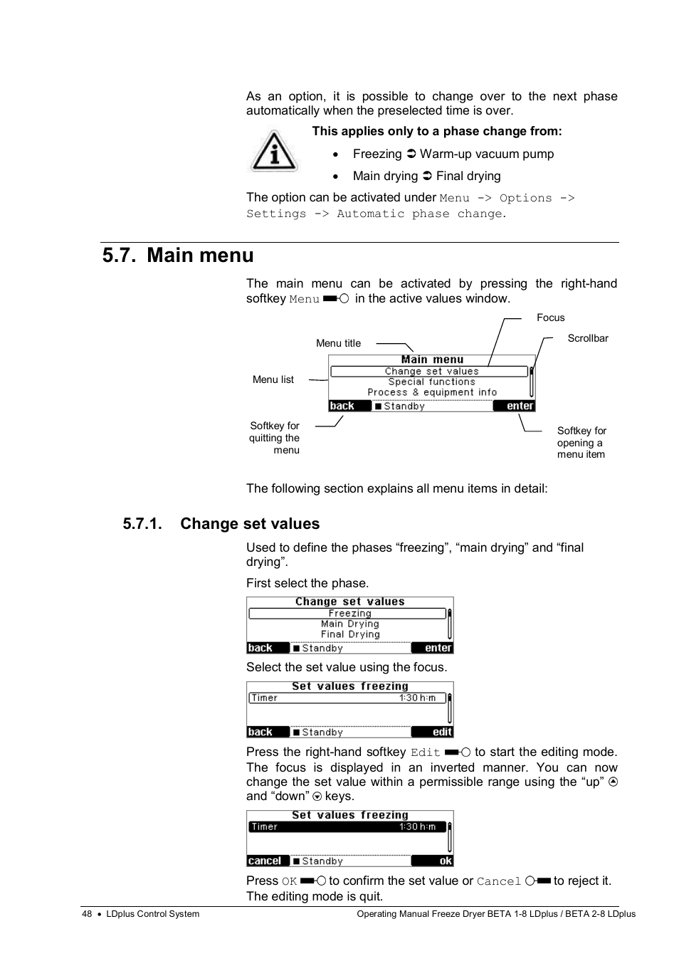 Main menu, Change set values | Martin Christ Beta 2-8 LDplus User Manual | Page 48 / 89
