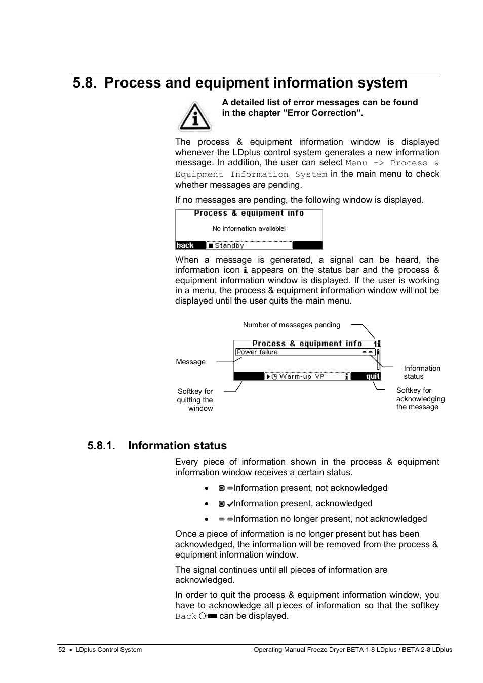 Process and equipment information system, Information status | Martin Christ Beta 2-8 LDplus User Manual | Page 52 / 89