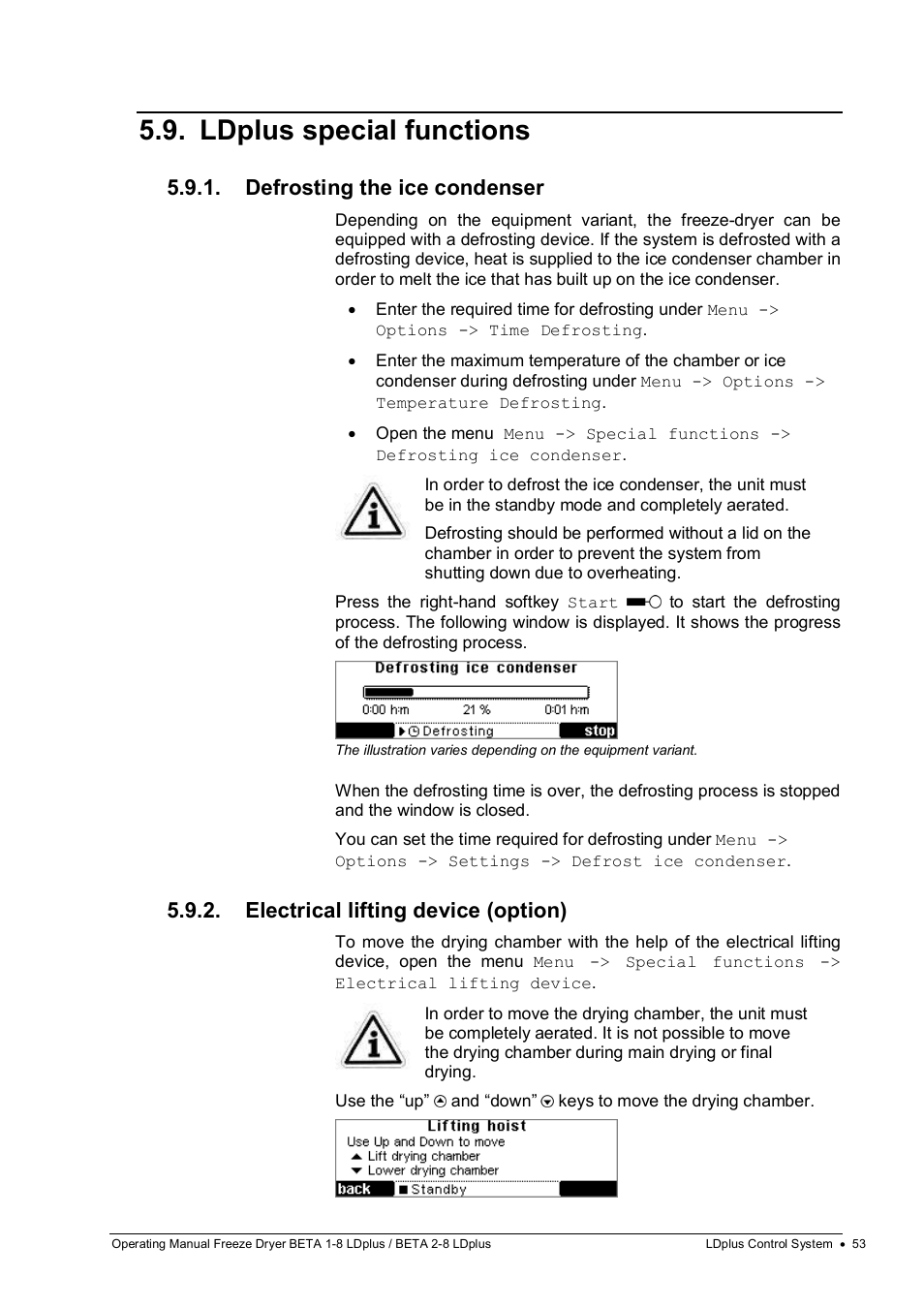 Ldplus special functions, Defrosting the ice condenser, Electrical lifting device (option) | Martin Christ Beta 2-8 LDplus User Manual | Page 53 / 89