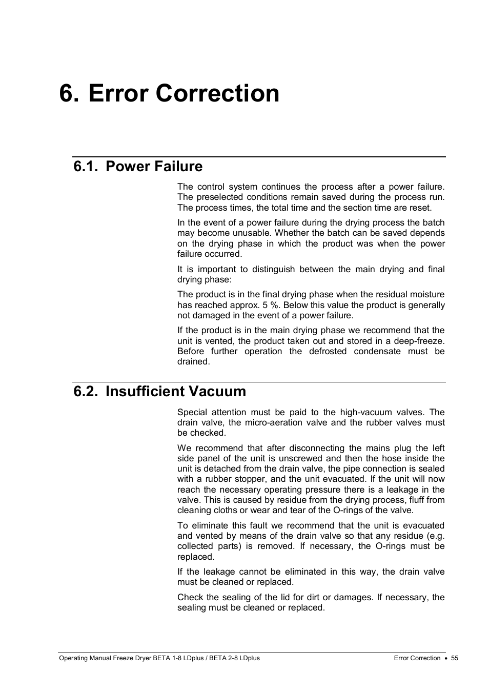 Error correction, Power failure, Insufficient vacuum | Martin Christ Beta 2-8 LDplus User Manual | Page 55 / 89
