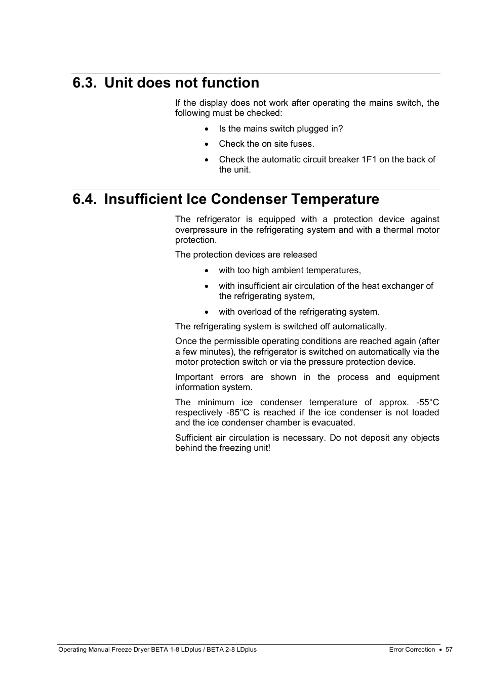 Unit does not function, Insufficient ice condenser temperature | Martin Christ Beta 2-8 LDplus User Manual | Page 57 / 89