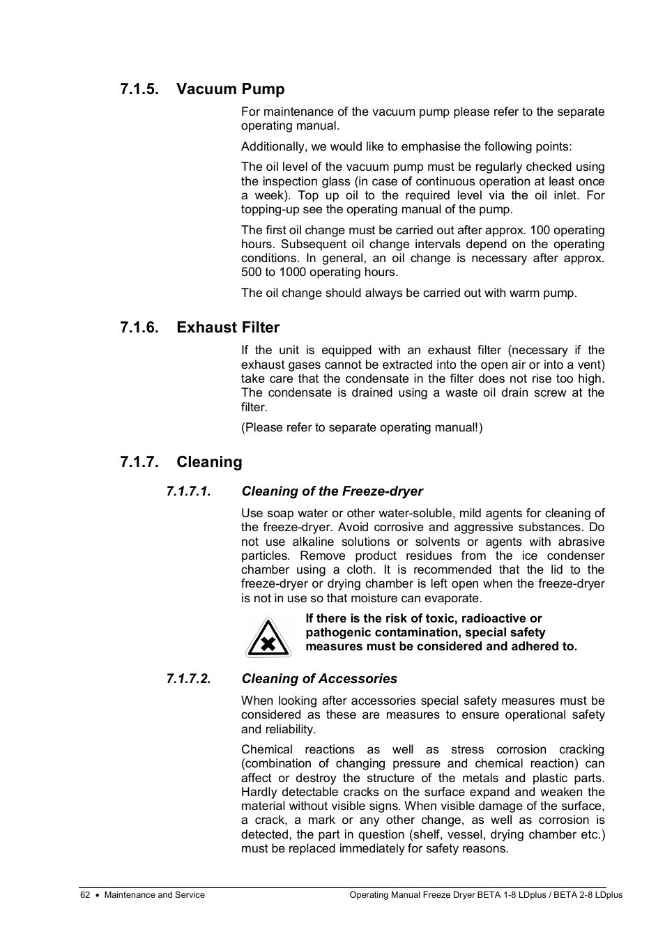 Vacuum pump, Exhaust filter, Cleaning | Martin Christ Beta 2-8 LDplus User Manual | Page 62 / 89