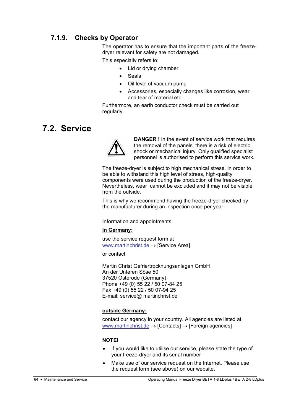 Service, Checks by operator | Martin Christ Beta 2-8 LDplus User Manual | Page 64 / 89
